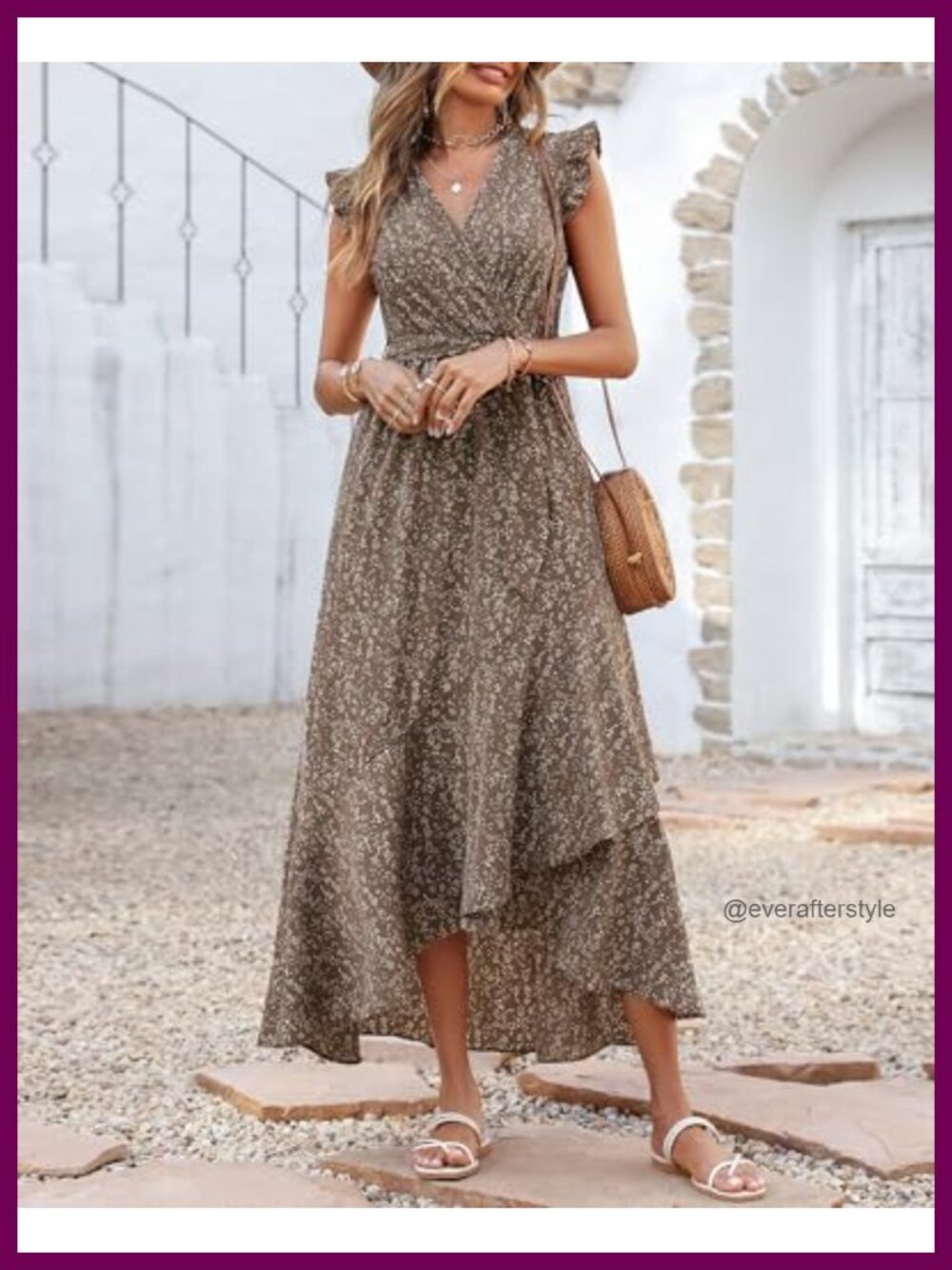 Boho Floral Maxi Dress V-Neck Ruffle Cap Sleeve High Low Hem - Picture 2 of 6